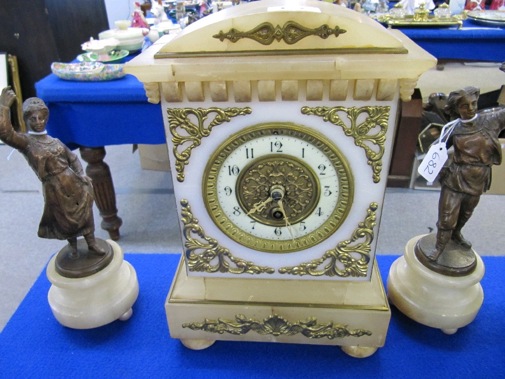 Appraisal: Alabaster mantle clock and garniture of two gilt metal dancing