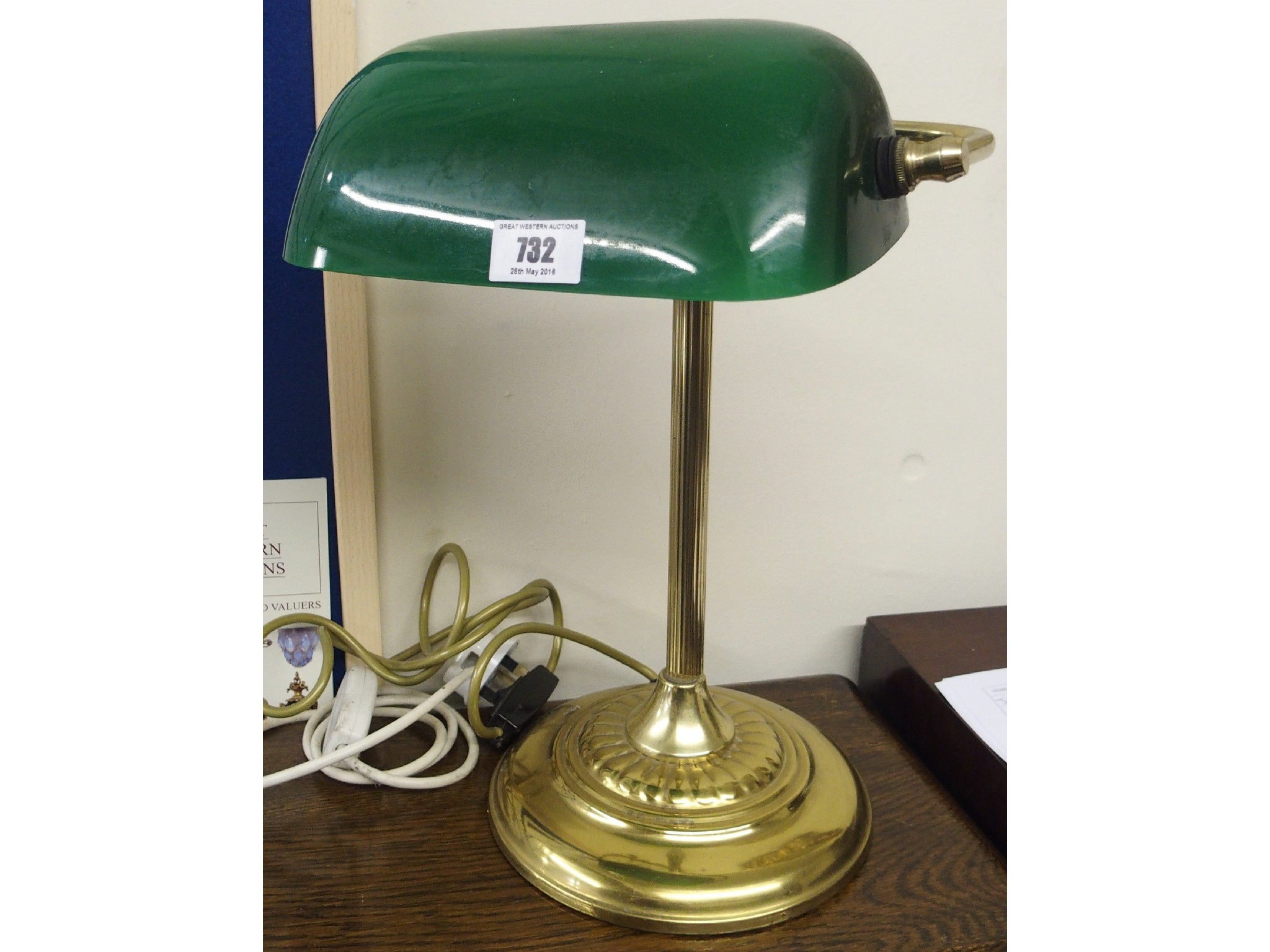 Appraisal: A brass office table lamp with green shade