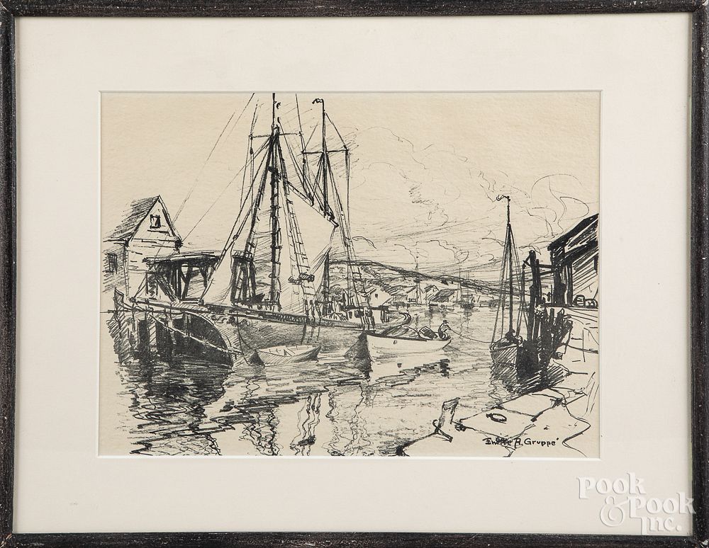 Appraisal: Emile Albert Gruppe mixed media harbor study Emile Albert Gruppe