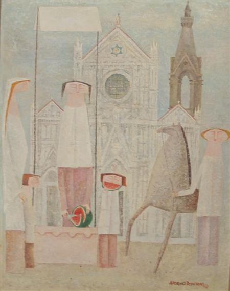 Appraisal: Andorno Bonciani Italian b Figures before a Church Eating Watermelon