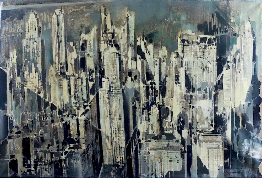 Appraisal: Mystery New York Modern NYC Cityscape Oil Painting Mid Century