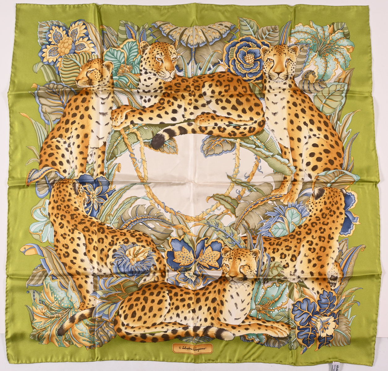 Appraisal: SALVATORE FERRAGAMO CIRCLE OF LEOPARDS SILK SCARF Beautiful '' x