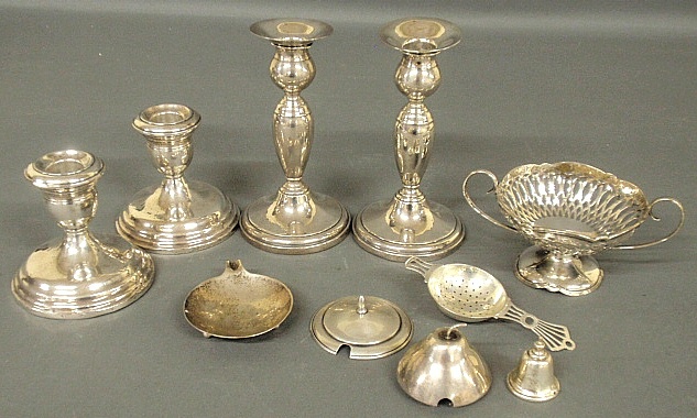 Appraisal: - Group of sterling silver tableware including weighted candlesticks largest