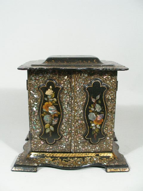 Appraisal: Lacquered Inlaid Jewelry Cabinet th c paper mache hinged double