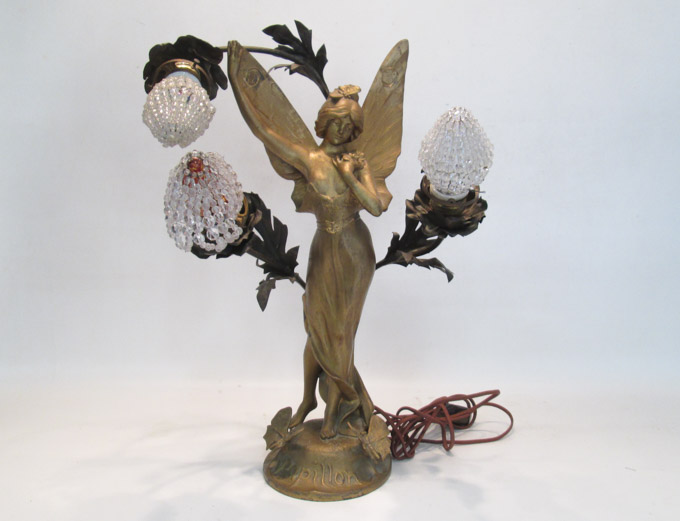 Appraisal: FRENCH CAST METAL PAPILLON BUTTERFLY LAMP with a golden standing