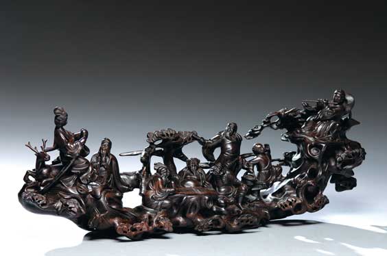 Appraisal: ZITAN IMMORTALS GROUP Fine and large Chinese zitan wood openwork