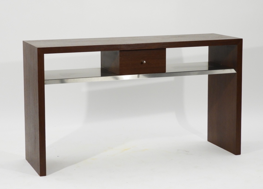 Appraisal: CONTEMPORARY WOOD STAINLESS STEEL CONSOLE TABLE United States ContemporaryRectangular top