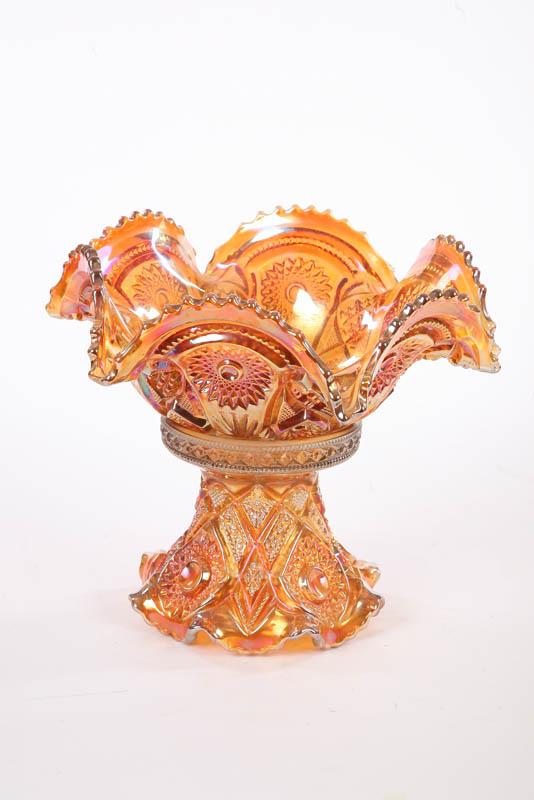 Appraisal: CARNIVAL GLASS PUNCH BOWL AND BASE Orange in the Fashion