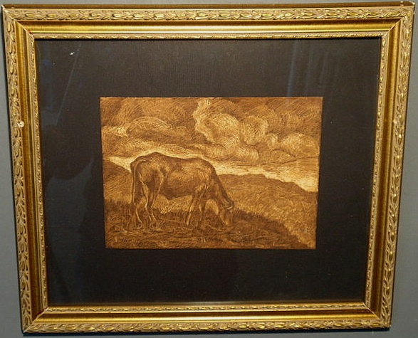 Appraisal: Original sepia inkwork of a cow in a field signed