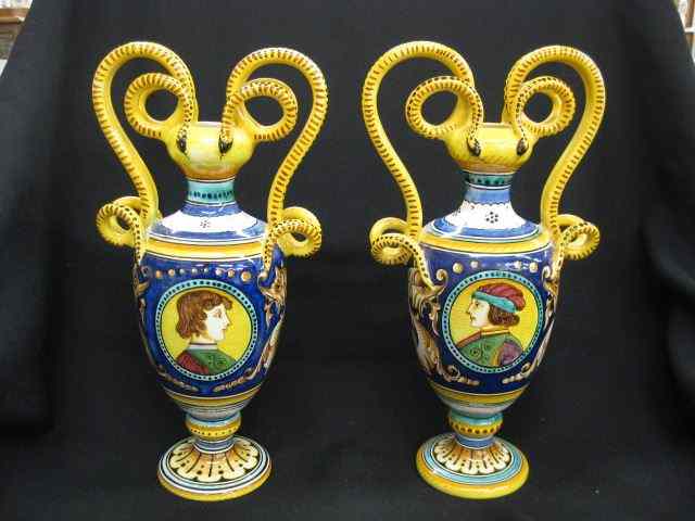 Appraisal: Pair of Deruta Italian Faience Pottery Vases elaborate snake handles