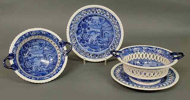 Appraisal: Pair of English Staffordshire blue transfer decorated reticulated fruit bowls