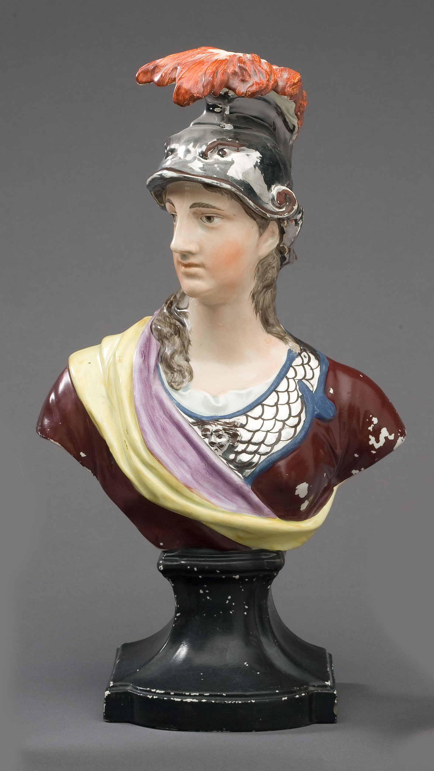 Appraisal: STAFFORDSHIRE PEARLWARE SILVER LUSTRE AND ENAMEL-DECORATED BUST OF MINERVA PROBABLY