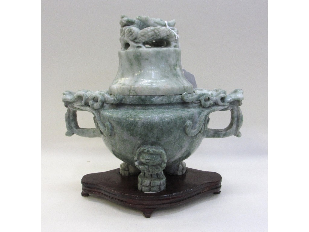 Appraisal: Carved green hardstone censer with cover and dragon mask handles