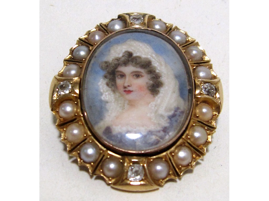 Appraisal: Victorian miniature depicting a young woman with unmarked gold diamond