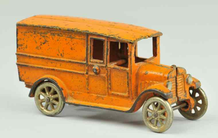 Appraisal: FREIDAG DELIVERY TRUCK Cast iron and painted in orange features