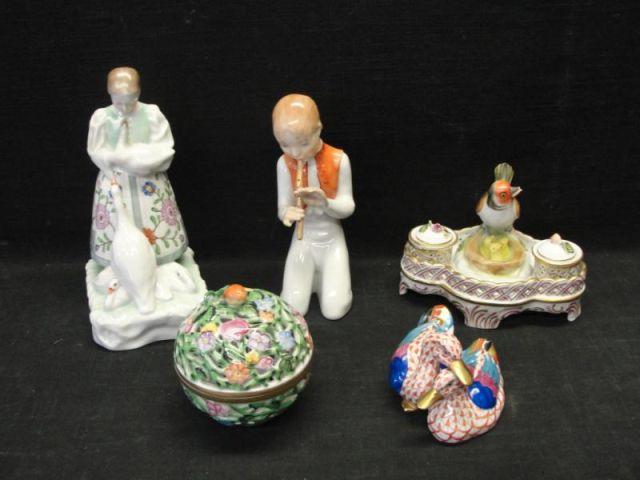 Appraisal: HEREND Lot of Porcelain figures inkwell lidded bowl ducks From