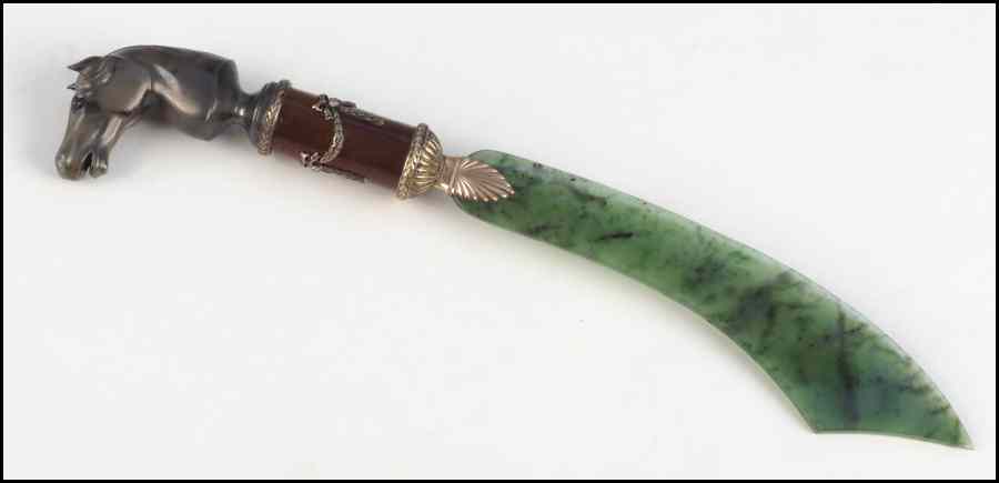 Appraisal: RUSSIAN GILT SILVER ENAMEL AND JADE LETTER OPENER Set with