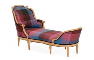 Appraisal: Neoclassical Pickled Wood Plaid Chaise Lounge Continental th century A