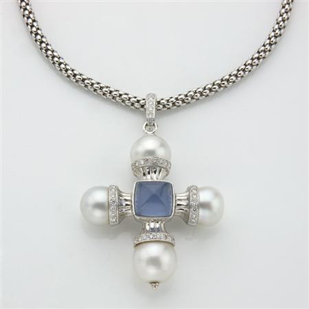 Appraisal: White Gold Dyed Blue Chalcedony Cultured Pearl and Diamond Maltese