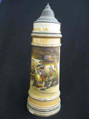 Appraisal: German Handpainted Pottery Stein familyinterior scene pewter lid - ''