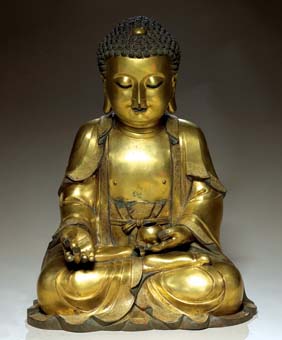 Appraisal: LARGE GILT BRONZE BUDDHA Large and extremely heavy Chinese Ming-style