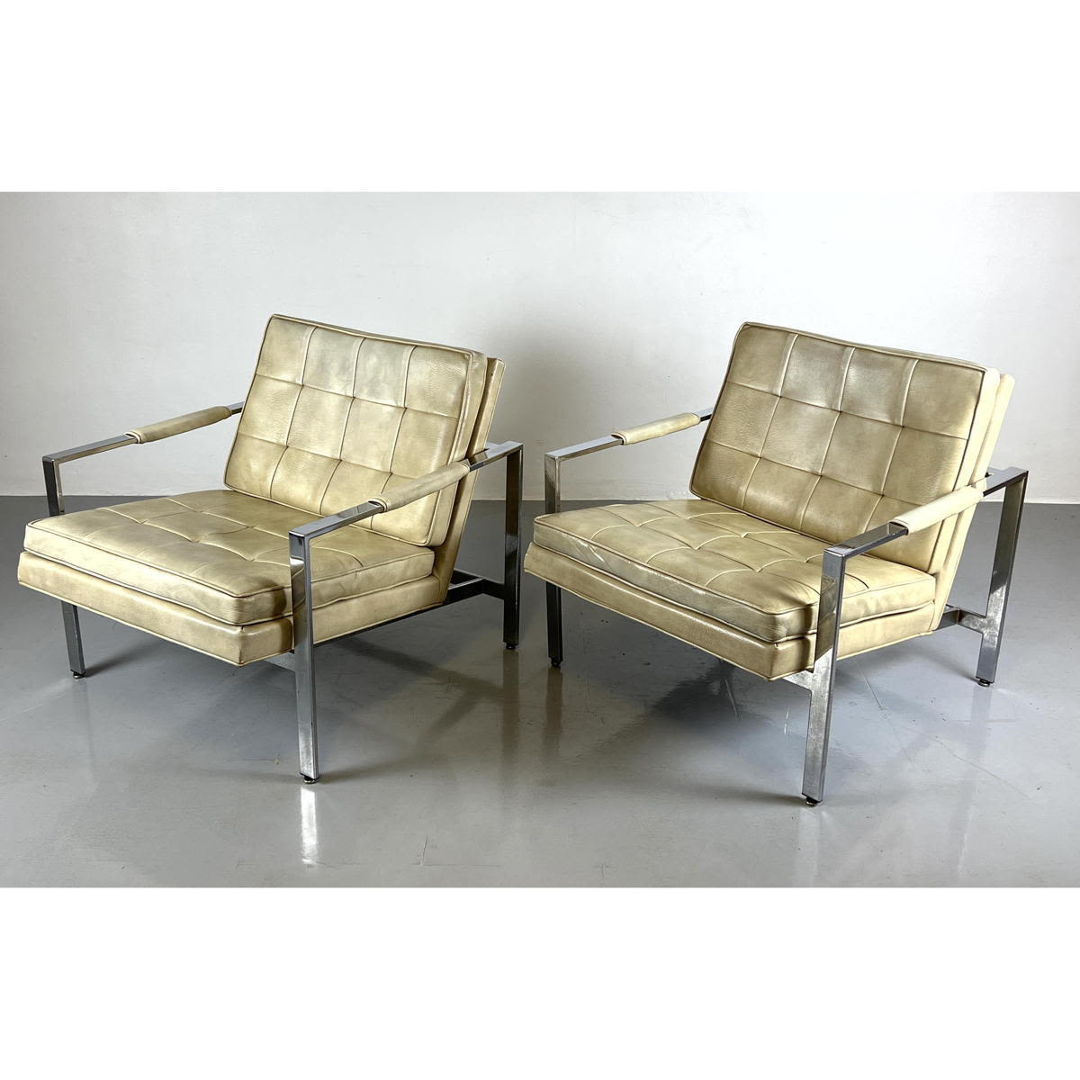 Appraisal: Pr Milo Baughman style Chrome Frame Lounge Chairs Tufted Upholstery