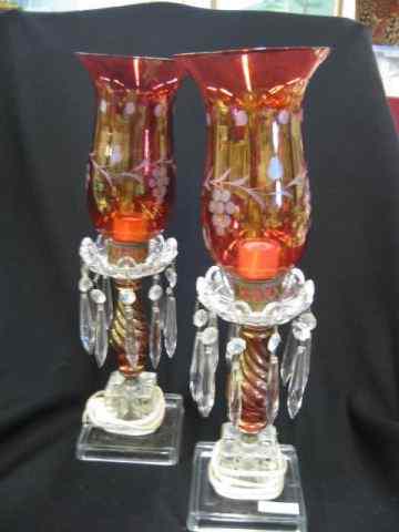 Appraisal: Pair of Cranberry Clear Glass Hurricane Lamps teardrop prisms electric