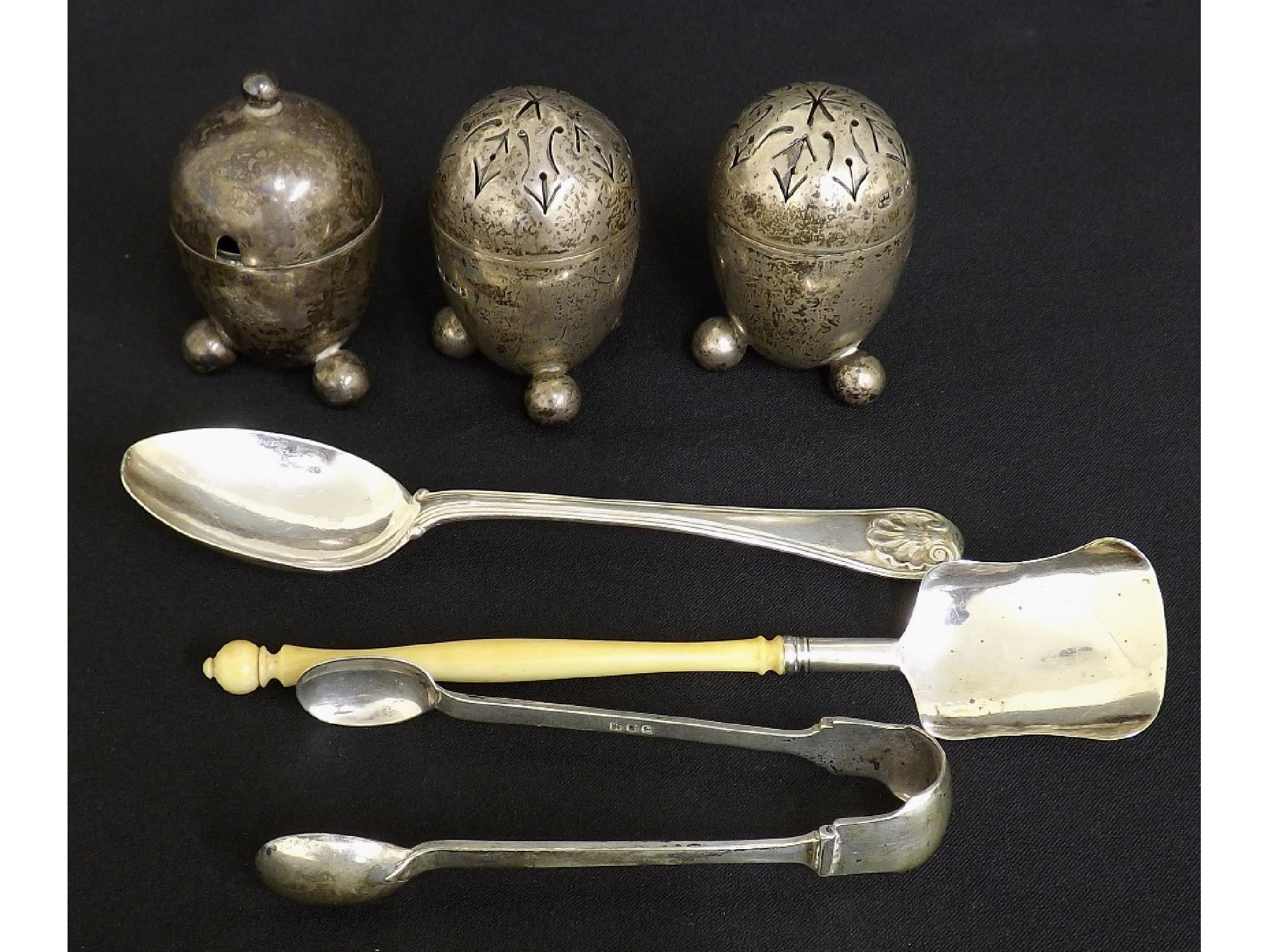 Appraisal: Three piece silver egg shaped cruet upon ball feet engraved