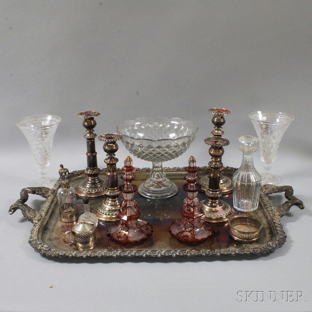 Appraisal: Group of Glass Silver-plated and Sterling Tableware two pairs of