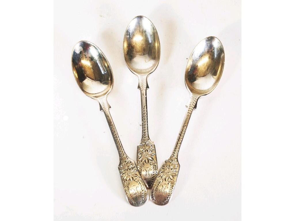 Appraisal: SET OF SIX ENGRAVED SILVER FIDDLE HANDLED COFFEE SPOONS with