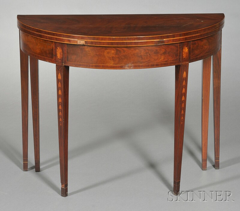 Appraisal: Federal Mahogany Veneer Inlaid Six-legged Demilune Card Table c the