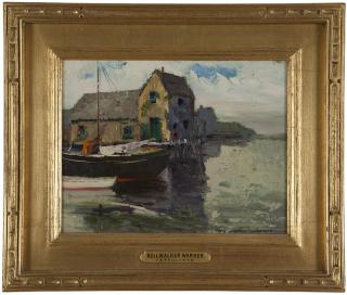 Appraisal: Nell Walker Warner ''Fishing Boats - Gloucester'' dock with sailboat