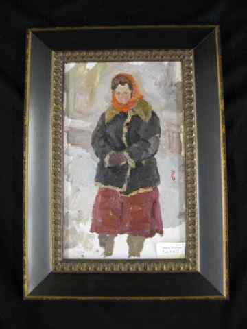 Appraisal: Russian Oil Lady in Winter artist Komolov image area ''