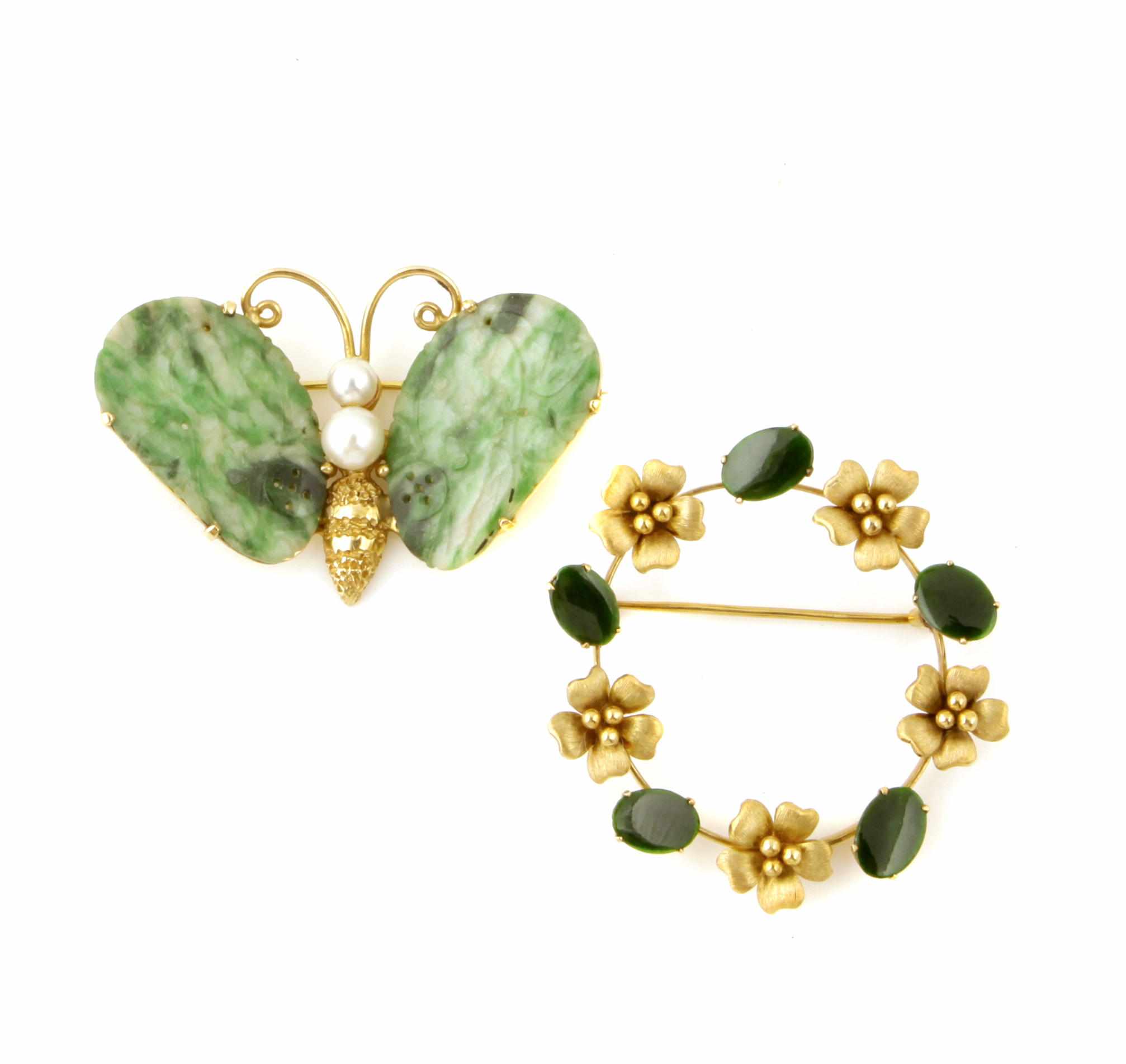 Appraisal: A carved jade cultured pearl and k gold butterfly brooch