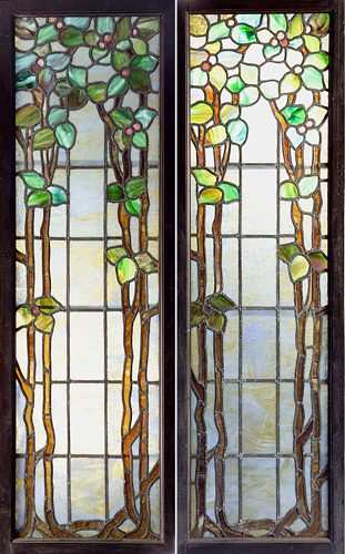 Appraisal: ARTS CRAFTS Two tall leaded glass windows with green leaves