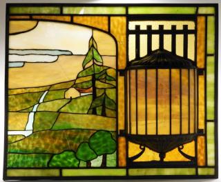 Appraisal: FINE Arts Crafts Stained Glass Landscape Window UNITED STATES CIRCA