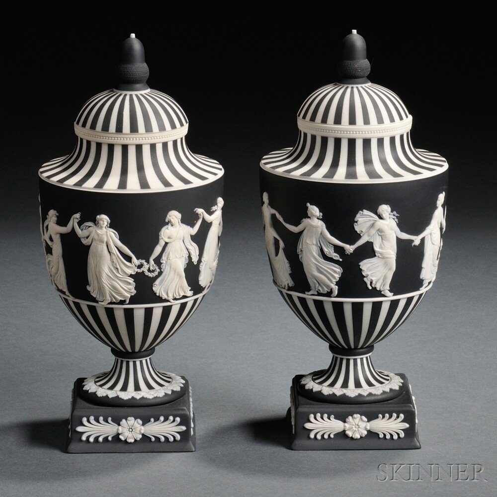 Appraisal: Pair of Wedgwood Black and White Jasper Dip Vases and