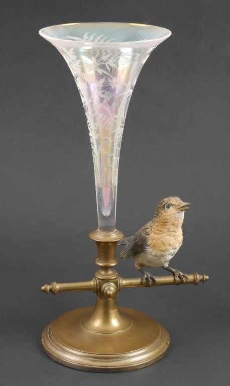 Appraisal: Austrian cold painted bronze bird perched beside an etched glass