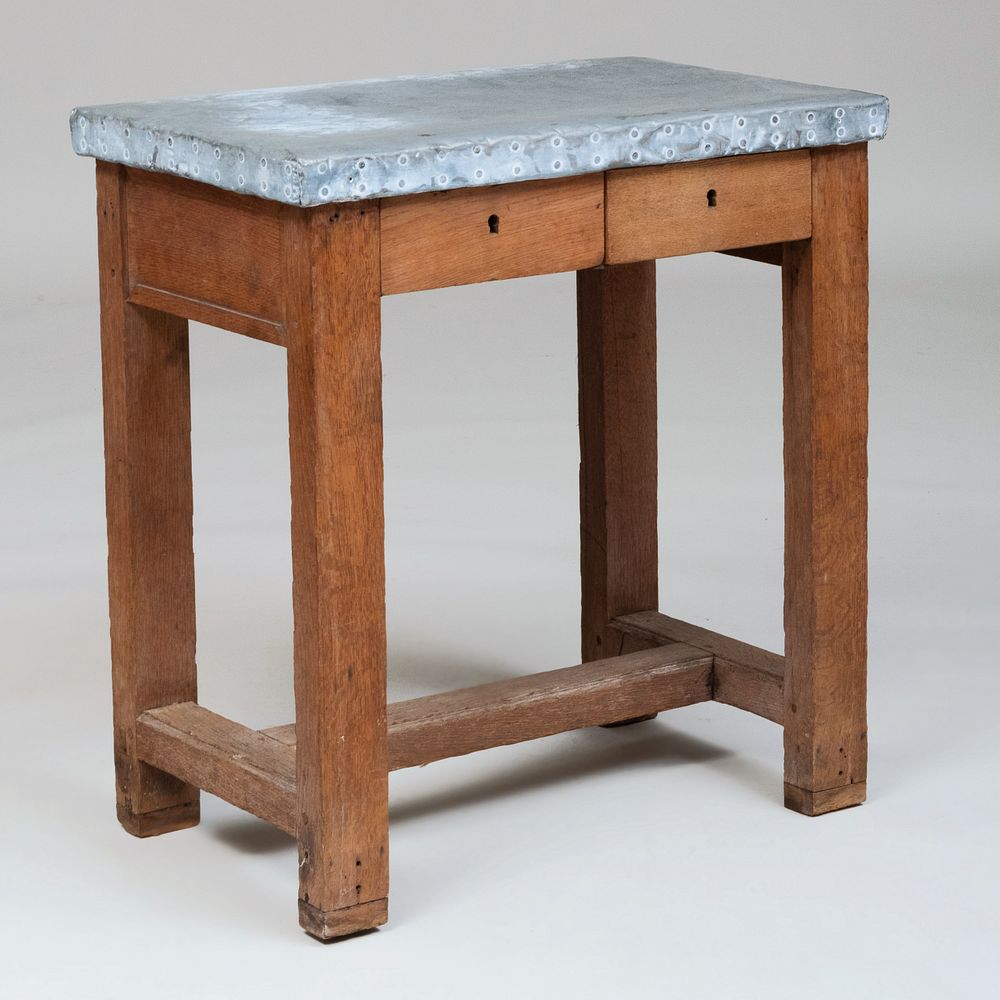 Appraisal: Rustic Zinc Topped Oak Table Fitted with two frieze drawers