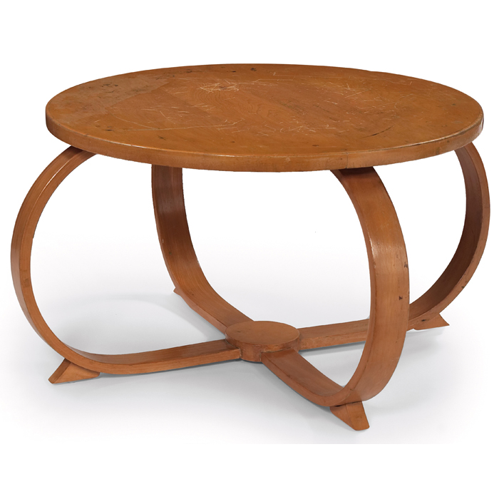 Appraisal: Thonet coffee table attribution s exaggerated bentwood frame supports a