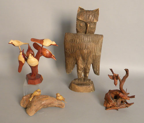 Appraisal: Group of bird carvings to include bird tree two birds