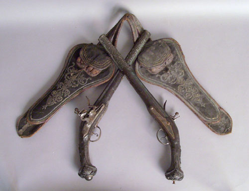 Appraisal: Pair of Turkish flintlock pistols th c with holster