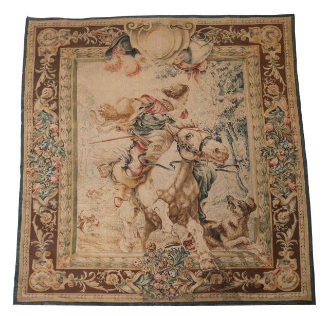 Appraisal: Silkscreen tapestry th c central cartouche over scene with cavalier