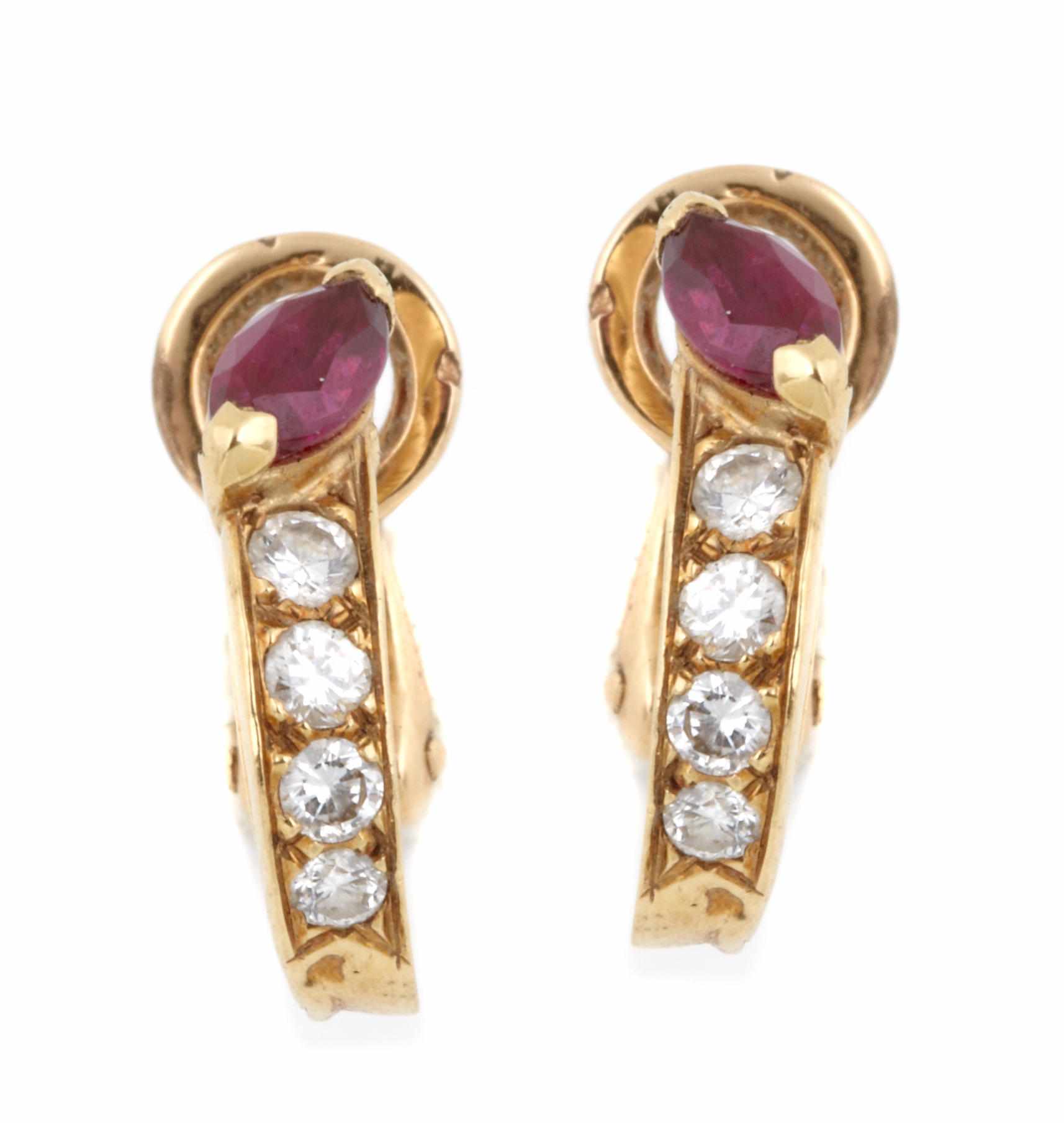 Appraisal: A pair of ruby diamond and k gold earrings French