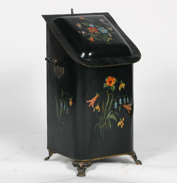 Appraisal: Metal coal hod with tole paint slant top lid hand