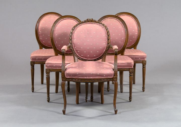 Appraisal: Harlequin Suite of Five Louis XVI-Style Fruitwood Chairs early th