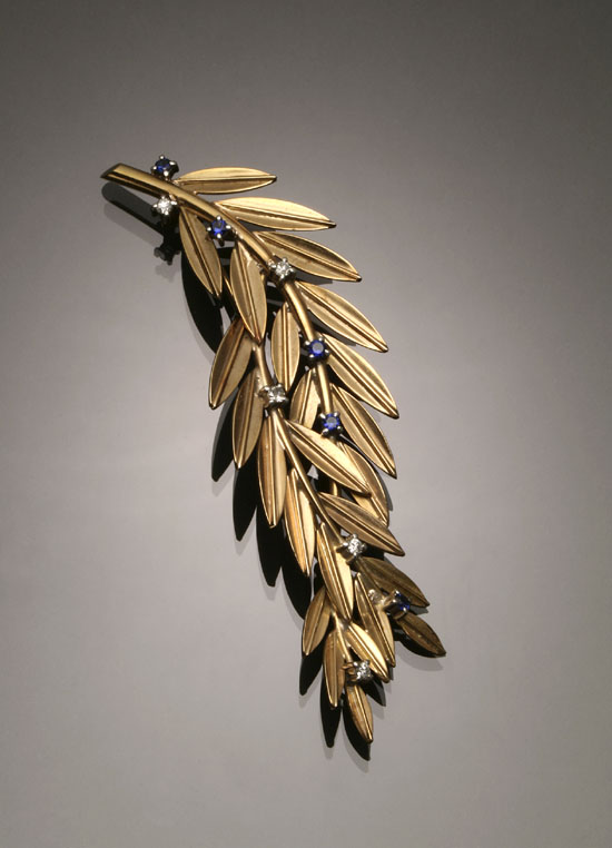 Appraisal: Tested -Karat Yellow and White-Gold Diamond and Blue Sapphire Feather