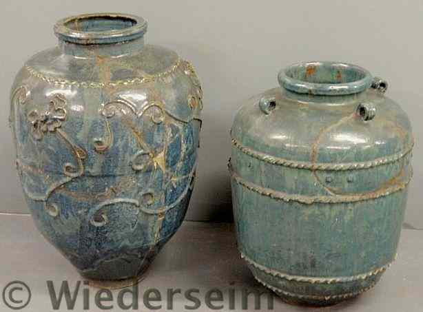 Appraisal: Two similar large earthenware jars with blue green glaze both