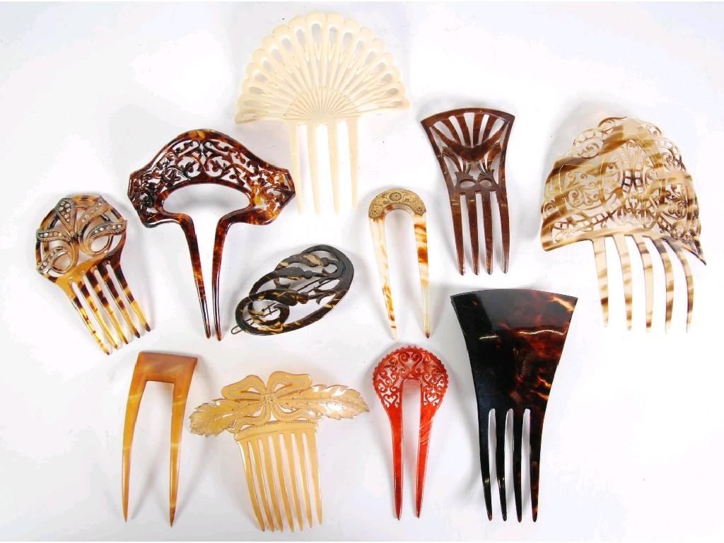 Appraisal: COLLECTION OF TEN PLASTIC HAIR COMBS mainly simulated tortoiseshell including