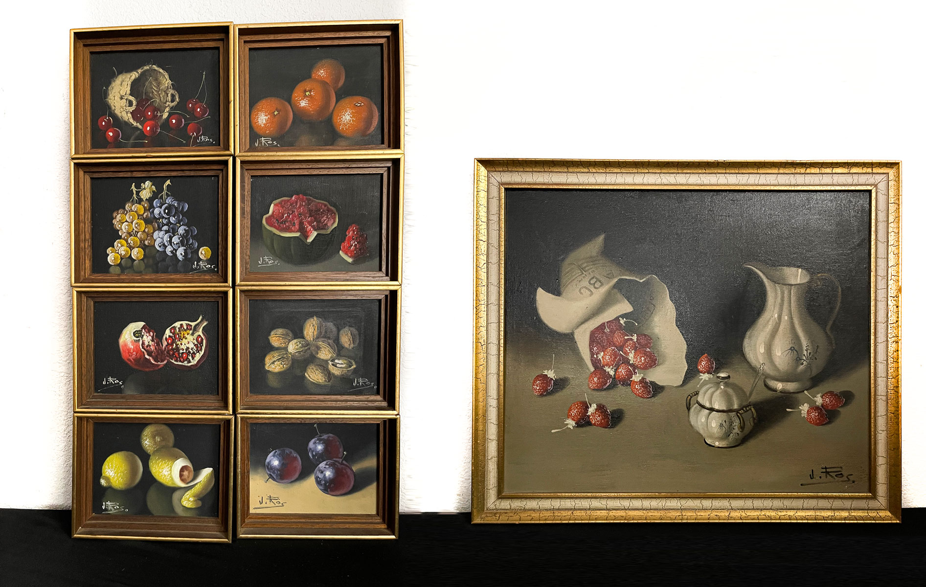 Appraisal: NINE J ROS STILL LIFE PAINTINGS One large Oil Canvas